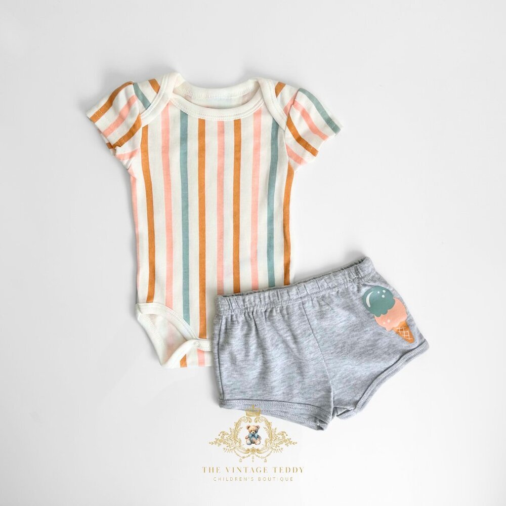NWT Cute Girls 4 Piece Set Baby Onesies Shorts & Pants Ice Cream & Stripes 3M - Picture 3 of 4